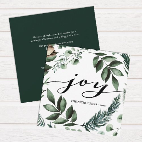JOY Modern Black Magnolia Floral Green Pine Bough  Holiday Card