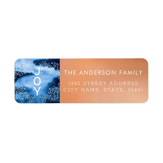 Joy | Modern Blue And Copper Holiday Address Label (Front)