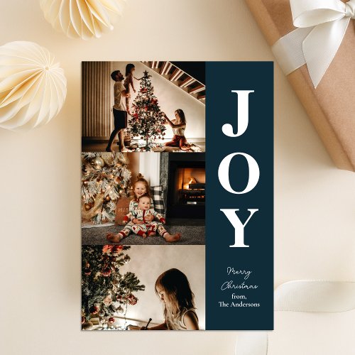 Joy Modern Blue Christmas 3 Photo Collage Holiday Card