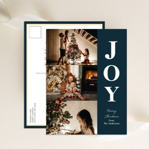 Joy Modern Blue Christmas 3 Photo Collage Holiday Postcard