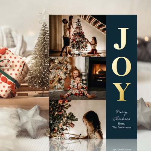 Joy Modern Blue Gold Christmas 3 Photo Collage Foil Holiday Card