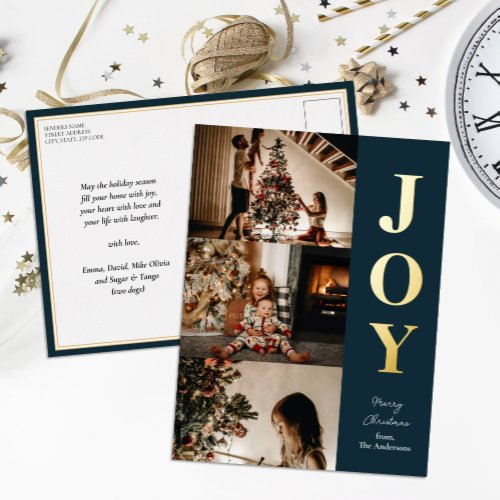 Joy Modern Blue Gold Christmas 3 Photo Collage Foil Holiday Postcard