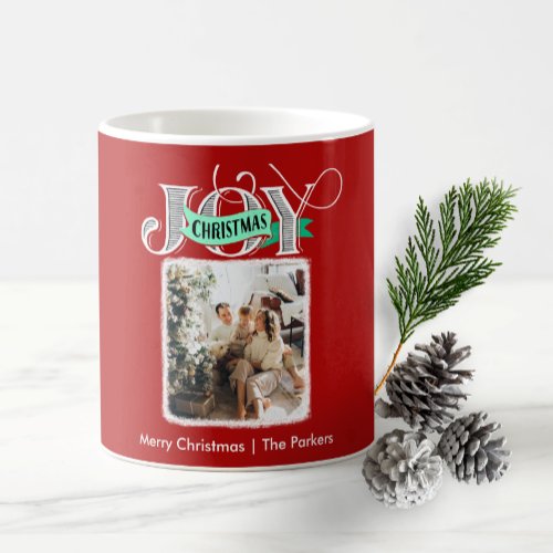 JOY Modern Bold Script Minimalist Photo Christmas  Coffee Mug