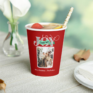 JOY Modern Bold Script Minimalist Photo Christmas Paper Cups