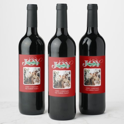 JOY Modern Bold Script Minimalist Photo Christmas  Wine Label