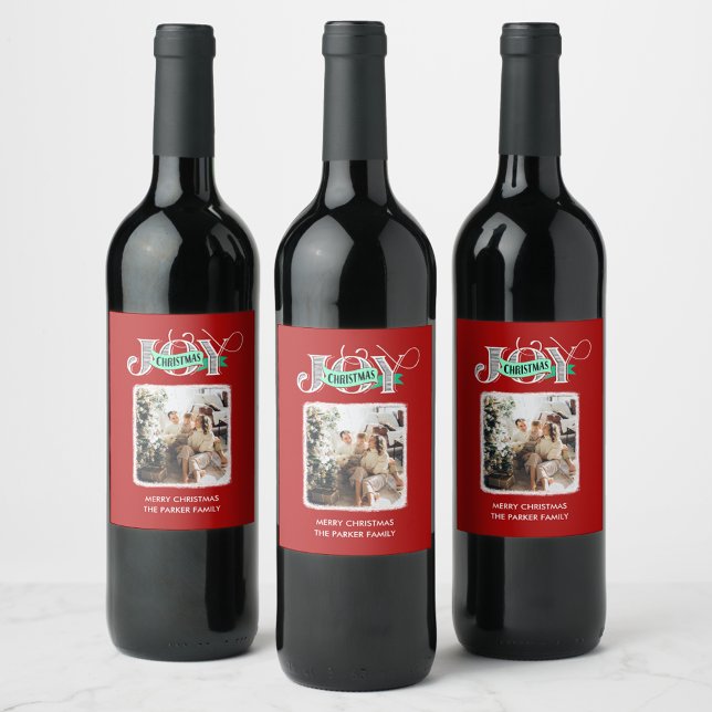 JOY Modern Bold Script Minimalist Photo Christmas  Wine Label (Creator Uploaded)