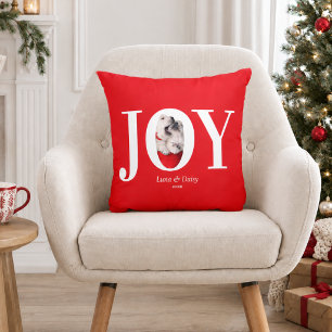 JOY Modern Custom Pet Photo Red Christmas Throw Pillow