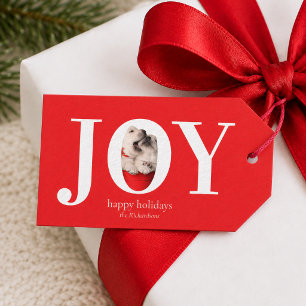 JOY Modern Custom Photo Red Christmas Holiday Gift Tags