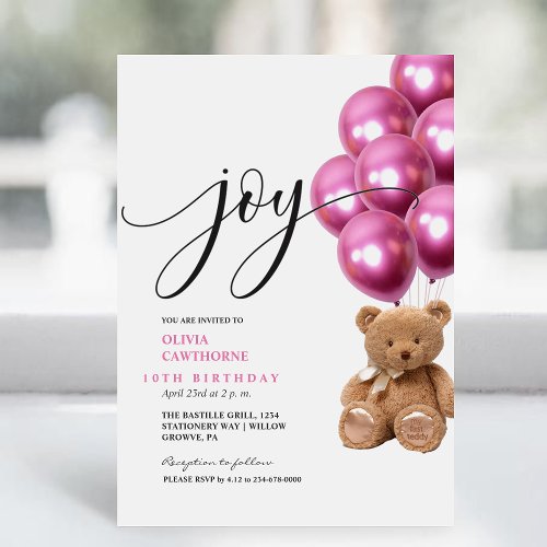 Joy Modern Cute Bear Pink Balls 10th Birthday Invitation