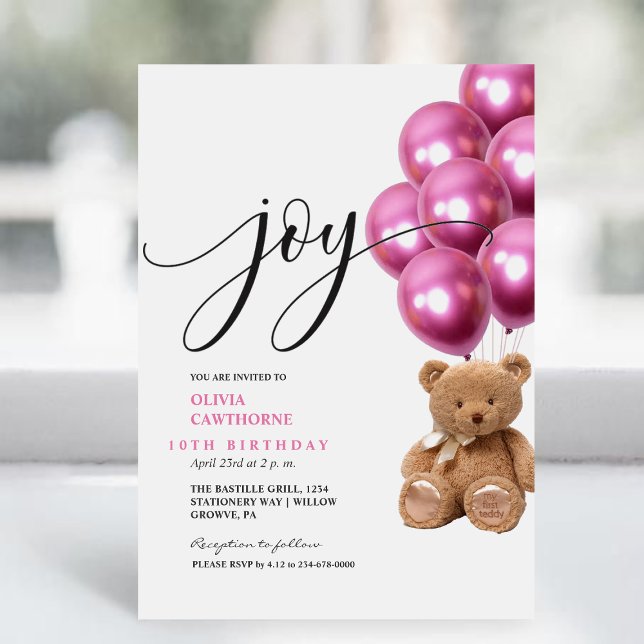 Joy Modern Cute Bear Pink Balls 10th Birthday Invitation (Creator Uploaded)