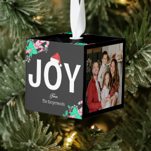 Joy   Modern Elegant Christmas 3 Family photo Cube Ornament