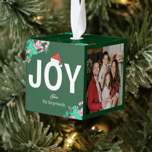 Joy   Modern Elegant Christmas 3 Family photo Cube Ornament