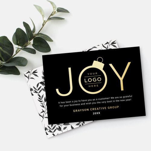 Joy Modern Gold and Black Logo Ornament Foil Holiday Card