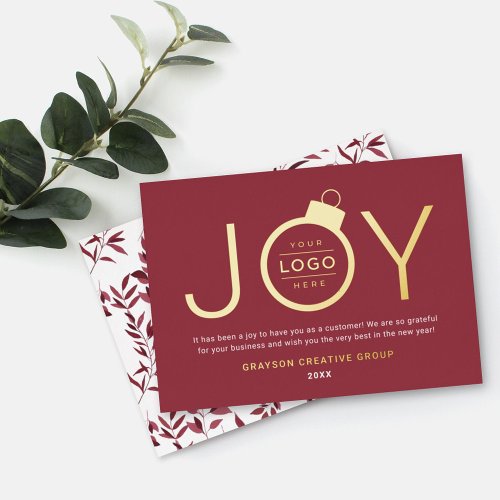 Joy Modern Gold and Garnet Red Logo Ornament Foil Holiday Card