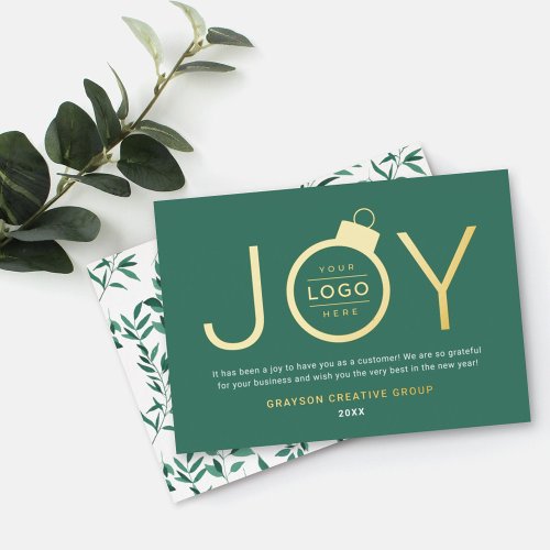 Joy Modern Gold and Green Logo Ornament Foil Holiday Card