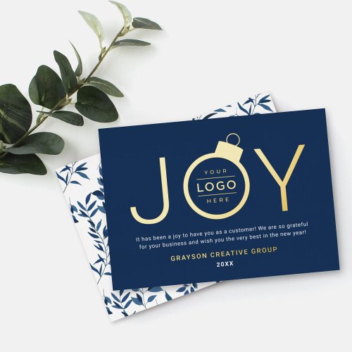 Joy Modern Gold and Navy Logo Ornament Foil Holiday Card