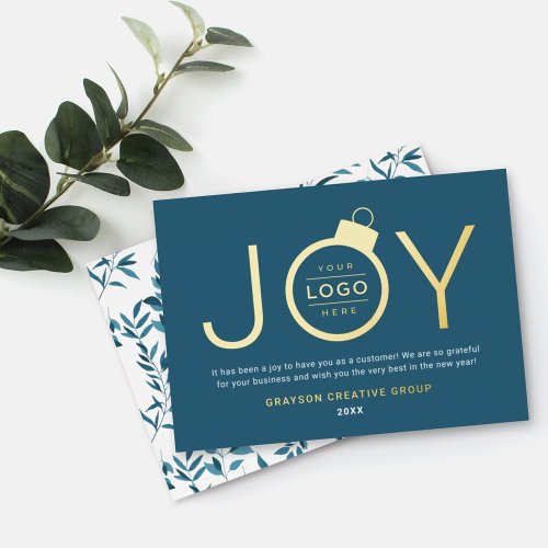 Joy Modern Gold and Teal Blue Logo Ornament Foil Holiday Card