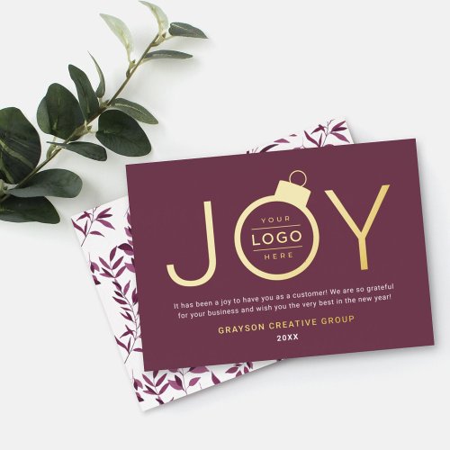 Joy Modern Gold and Wine Red Logo Ornament Foil Holiday Card