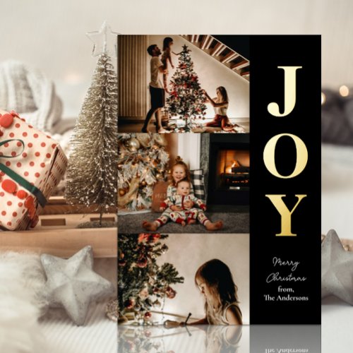 Joy Modern Gold Black Christmas 3 Photo Collage Foil Holiday Card