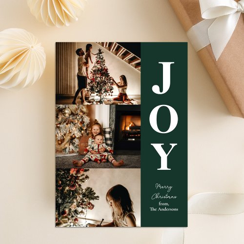 Joy Modern Green Christmas 3 Photo Collage Holiday Card
