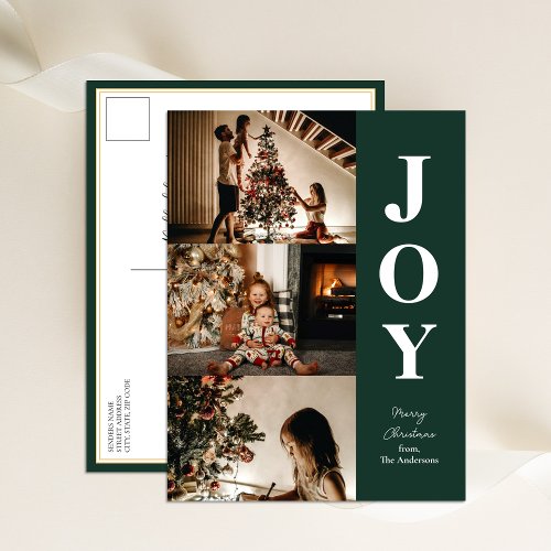 Joy Modern Green Christmas 3 Photo Collage Holiday Postcard