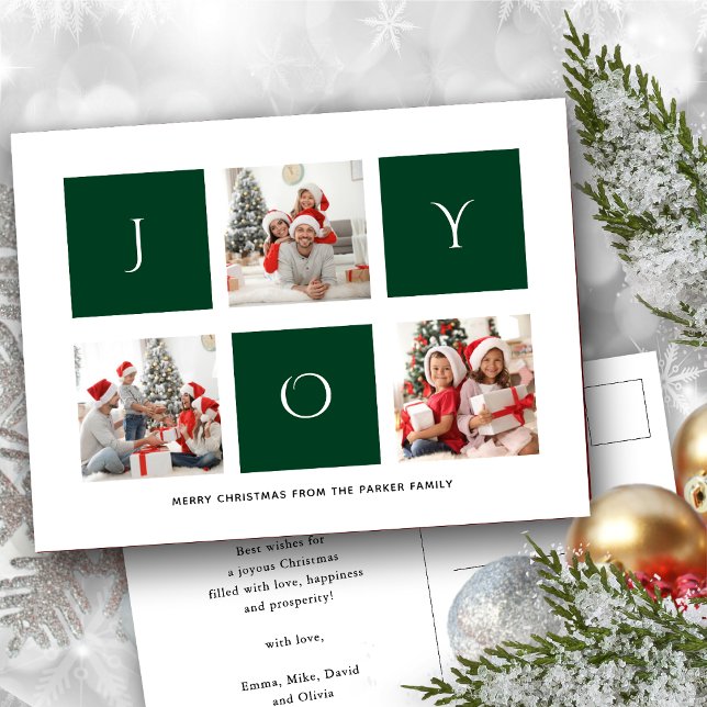 JOY Modern Green Fun Script Photo Collage Simple H Postcard (Creator Uploaded)
