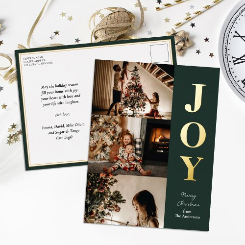 Joy Modern Green Gold Christmas 3 Photo Collage Foil Holiday Postcard