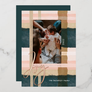 Joy Modern Green & Pink Watercolor Plaid Photo Foil Holiday Card