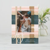 Joy | Modern Green & Pink Watercolor Plaid Photo Holiday Card (Standing Front)