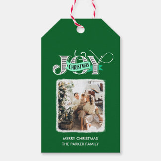 JOY Modern Green Simple Family Photo Christmas Gift Tags
