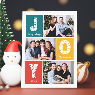 JOY Modern Happy Holidays 3 Photo Collage Holiday Card