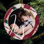 Joy | Modern Maroon & Green Watercolor Plaid Photo Ceramic Ornament<br><div class="desc">Modern and stylish maroon and green plaid pattern photo Christmas photo ornament. Design features our original plaid pattern design with "Joy" script overlay. Customize with your own special family photo on the front and back. Original watercolor plaid artwork by Moodthology Papery.</div>