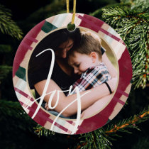 Joy | Modern Maroon & Green Watercolor Plaid Photo Ceramic Ornament
