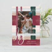 Joy | Modern Maroon & Green Watercolor Plaid Photo Holiday Card (Standing Front)