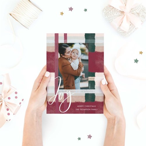 Joy  Modern Maroon  Green Watercolor Plaid Photo Holiday Card