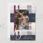 Joy | Modern Navy & Purple Watercolor Plaid Photo Holiday Card (Front)