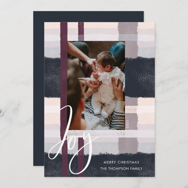 Joy | Modern Navy & Purple Watercolor Plaid Photo Holiday Card (Front/Back)