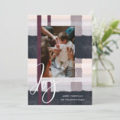 Joy | Modern Navy & Purple Watercolor Plaid Photo Holiday Card (Standing Front)