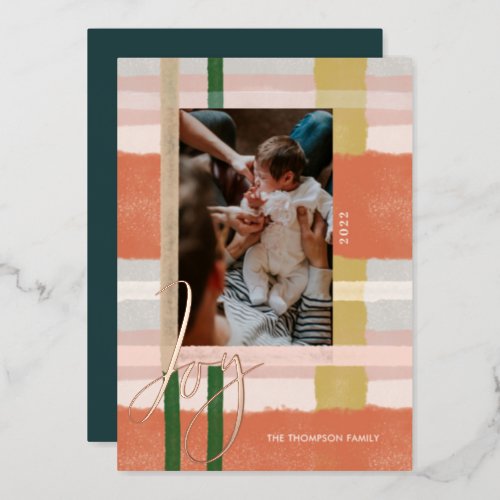 Joy  Modern Orange  Pink Watercolor Plaid Photo Foil Holiday Card