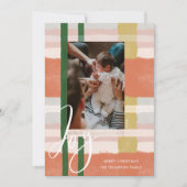 Joy | Modern Peach & Green Watercolor Plaid Photo Holiday Card (Front)