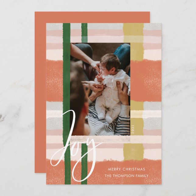 Joy | Modern Peach & Green Watercolor Plaid Photo Holiday Card (Front/Back)