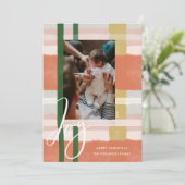 Joy | Modern Peach & Green Watercolor Plaid Photo Holiday Card (Standing Front)