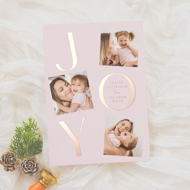 Joy | Modern Pink 4 Photo Christmas Foil Holiday Card (Creator Uploaded)