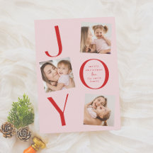 Joy | Modern Pink & Red 3 Photo Christmas