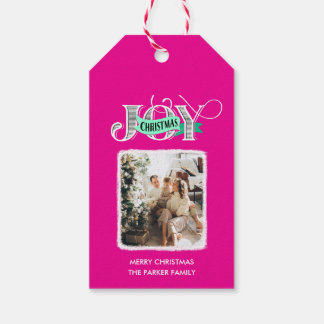 JOY Modern Pink Simple Family Photo Christmas Gift Tags