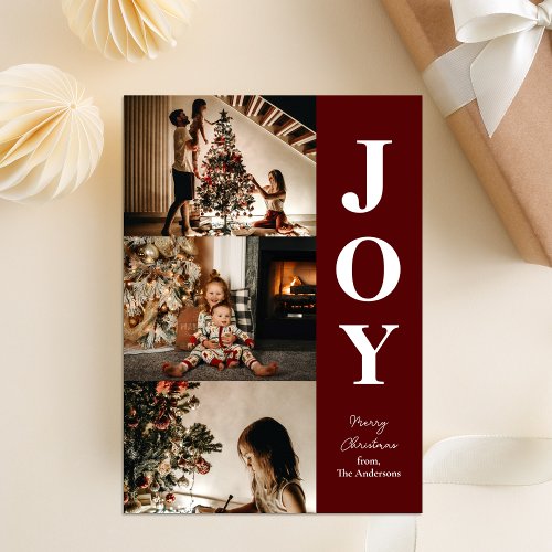 Joy Modern Red Christmas 3 Photo Collage Holiday Card