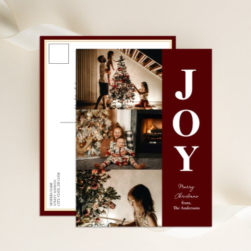 Joy Modern Red Christmas 3 Photo Collage Holiday Postcard