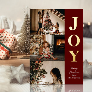 Joy Modern Red Gold Christmas 3 Photo Collage Foil Holiday Card