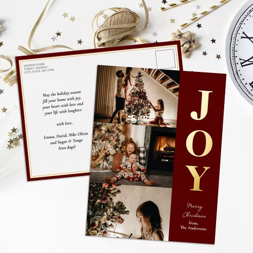 Joy Modern Red Gold Christmas 3 Photo Collage Foil Holiday Postcard