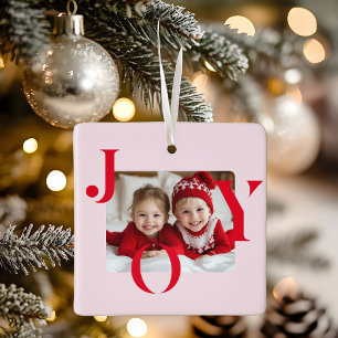 JOY Modern Red & Pink Christmas Photo Gift Ceramic Ornament